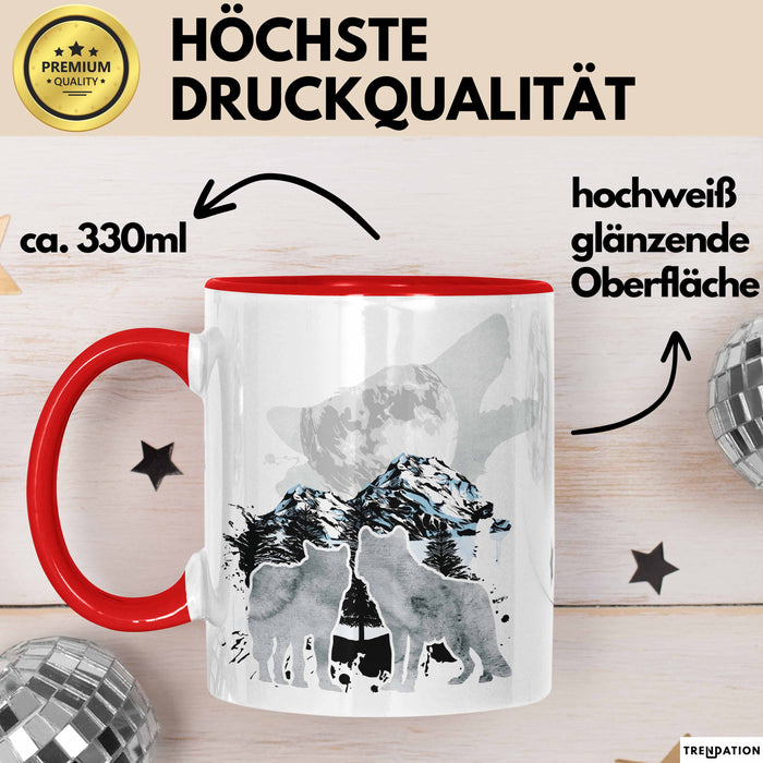 Wolf Tasse Geschenk Heulender Wolf Vögel Mond Silhouetten Geschenkidee Rot Trendation