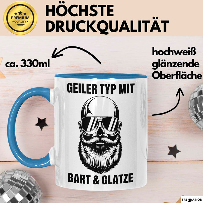 Glatzköpfige Männer Tasse Geschenk Lustige Geschenkidee Geiler Typ Mit Bart Und Glatze Blau Trendation