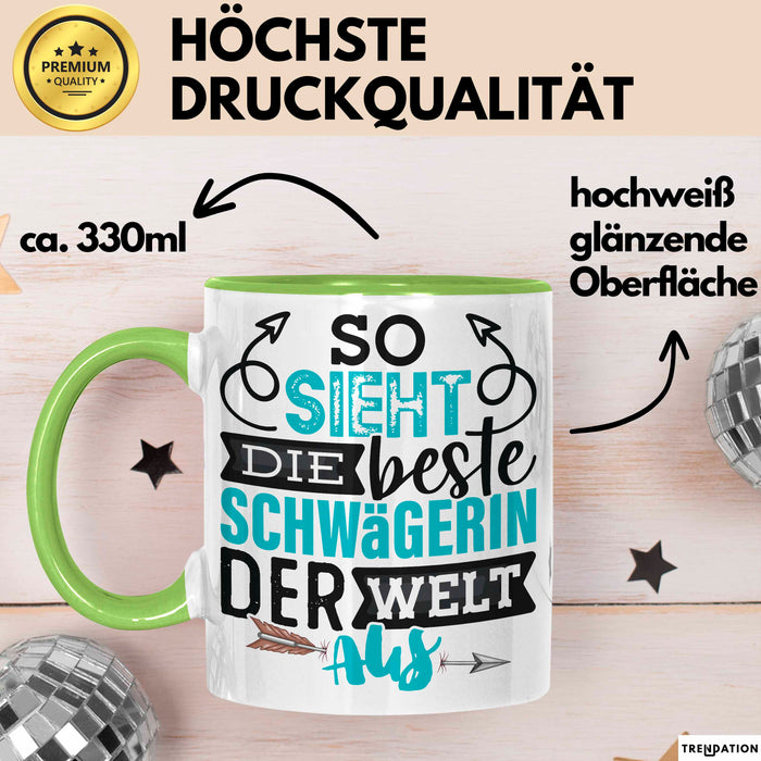 Schwägerin Geschenk Tasse Mit Spruch So Sieht Die Beste Schwägerin Der Welt Aus Becher Grün Trendation
