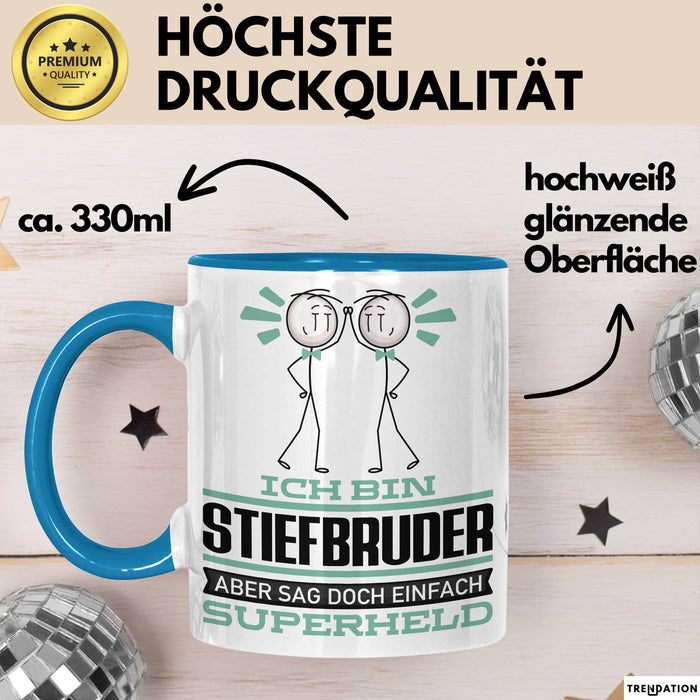 Stiefbruder Geschenk Tasse Ich Bin Stiefbruder Aber Sag Doch Einfach Superheld Lustige Geschenkdiee für Stiefbruder Kaffee-Becher Blau Trendation