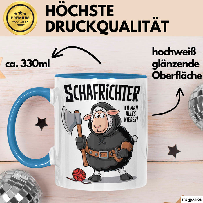 Schaf Tier Sarkasmus Tasse Becher Geschenk Lustige Geschenkidee Spruch Schafrichter Ich Mah Alles Nieder Blau Trendation