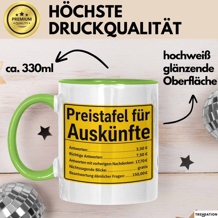 Büroarbeit Kollege Tasse Geschenk Lustige Geschenkidee Spruch Preistafel Für Auskünfte Grün Trendation