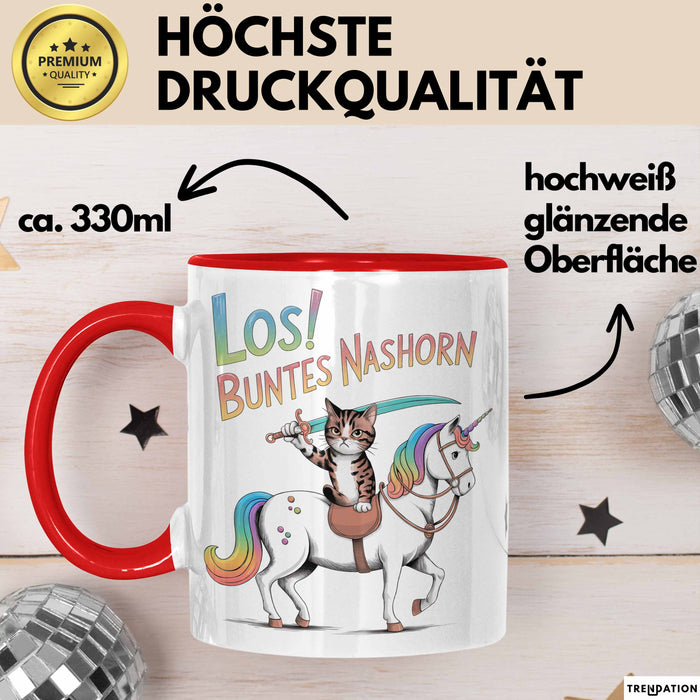 Sarkastische Katze Pferd Tasse Geschenk Buntes Nashorn Rot Trendation