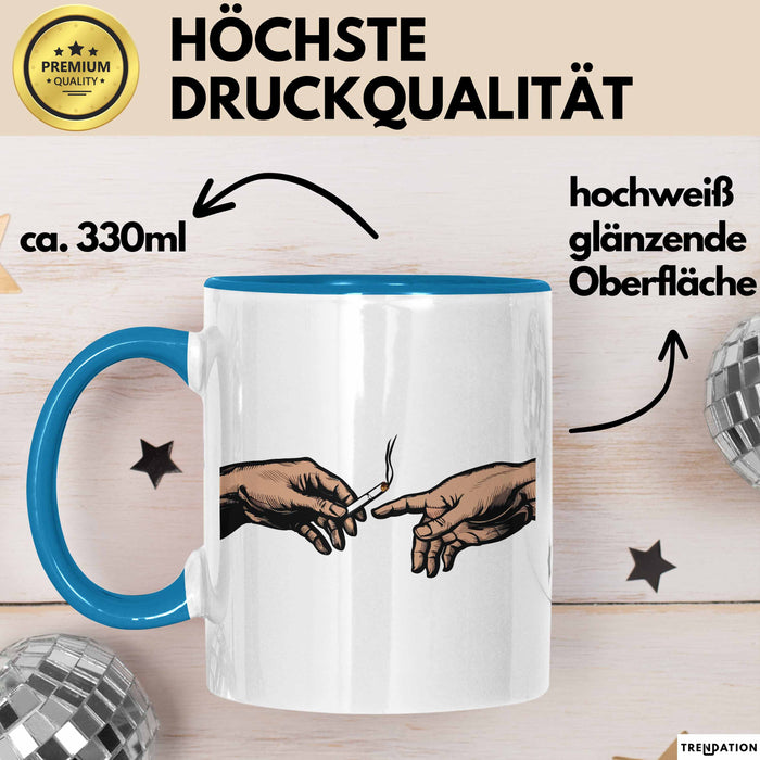 Raucher Tasse Geschenk Erschaffung Von Adam Kunst Geschenkidee 2 Hände Finger Joint Kiffer Blau Trendation