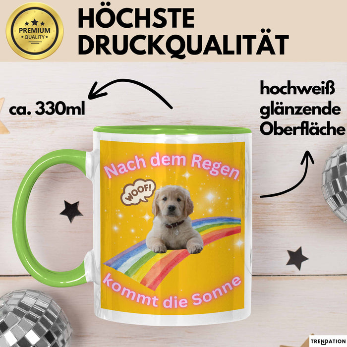 Meme Tasse Geschenk Lustiger Becher Hund Nach Dem Regen Kommt Die Sonne Grün Trendation