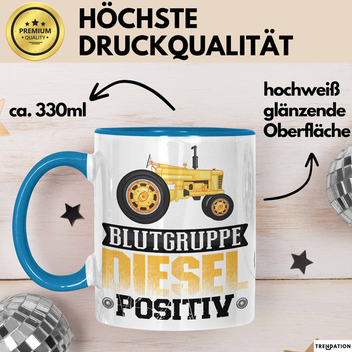 Auto Tasse Geschenk Blutgruppe Positiv Traktor Spruch Geschenkidee bagger Blau Trendation