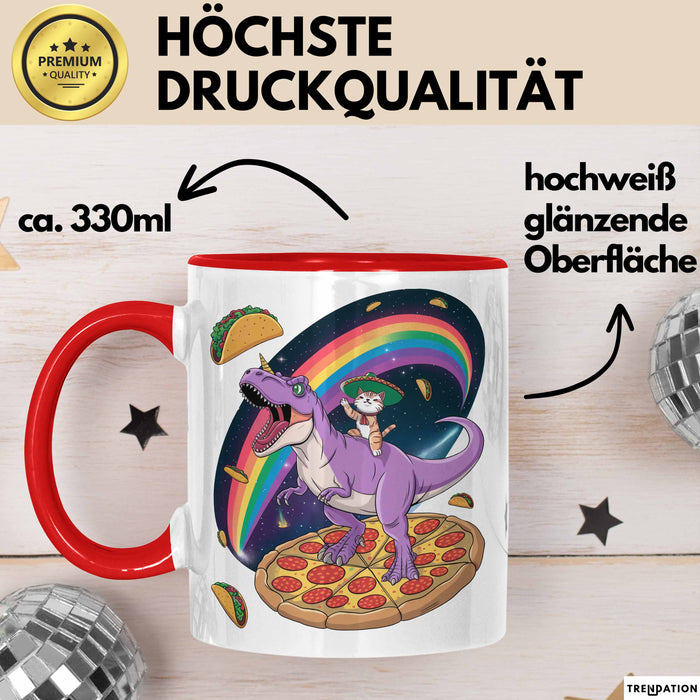 Katzen Tasse Geschenk Katze reitet Dinosaurier & isst Pizza Rot Trendation