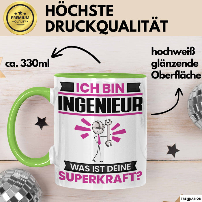 Ingenieur Tasse Geschenk für Ingenieur Geburtstag Lustiger Spruch Kaffee-Becher Was Ist Deine Superkraft Grün Trendation
