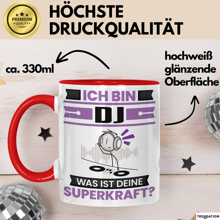 DJ Tasse Geschenk für DJ Geburtstag Lustiger Spruch Kaffee-Becher Was Ist Deine Superkraft Rot Trendation