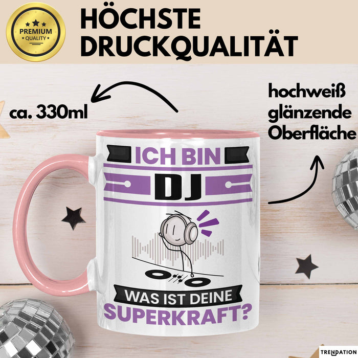 DJ Tasse Geschenk für DJ Geburtstag Lustiger Spruch Kaffee-Becher Was Ist Deine Superkraft Rosa Trendation