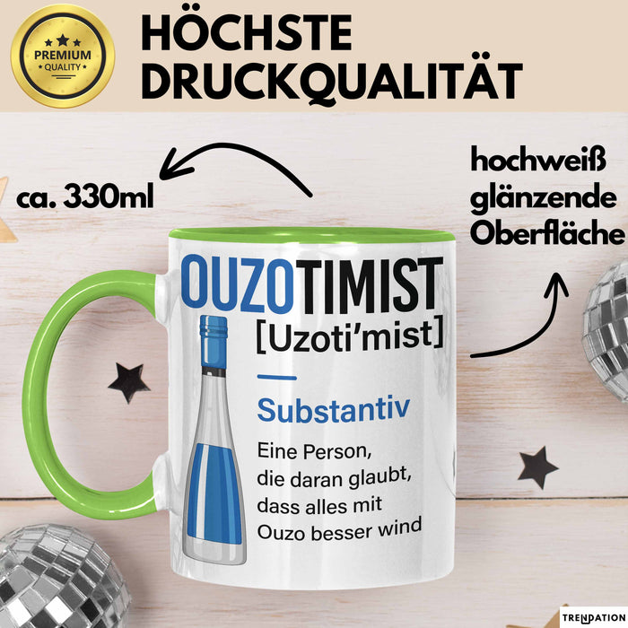 Grieche Tasse Geschenk Ouzotimist Geschenkidee Ouzo-Liebhaber Kaffee-Becher Grün Trendation
