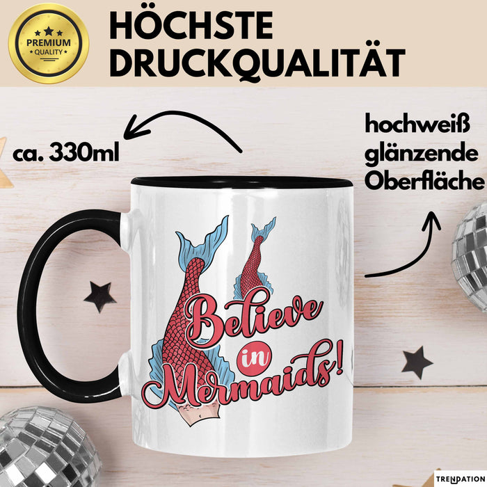 Meerjungfrau Geschenk Tasse für Mädchen Nymphe Nixe Becher Grafik Believe In Mermaids Schwarz Trendation