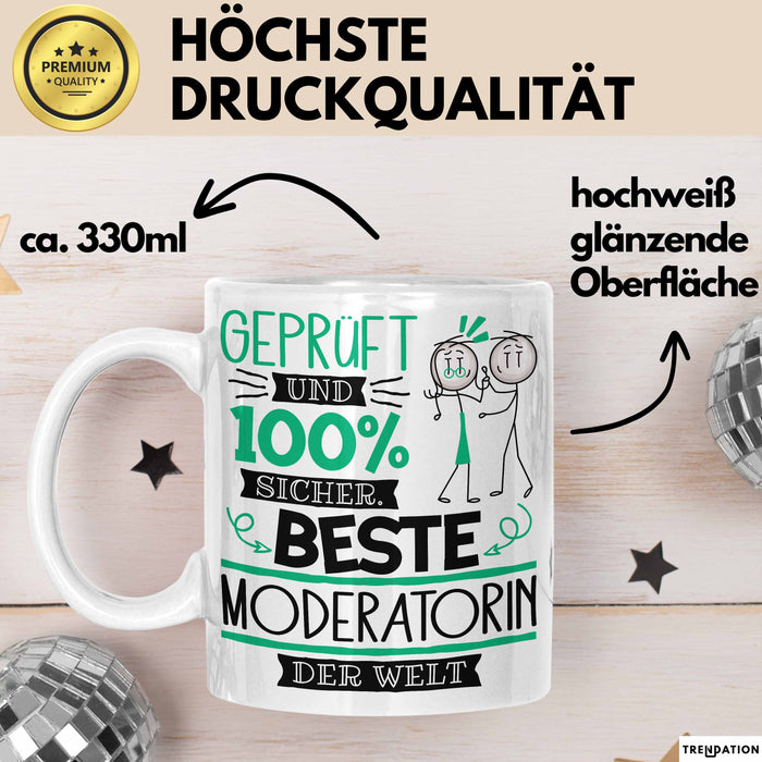 Beste Moderatorin Der Welt Tasse Geschenk für Eine Moderatorin Geprüft Und Sicher Geschenkidee Geburtstag Weihnachten Weiß Trendation