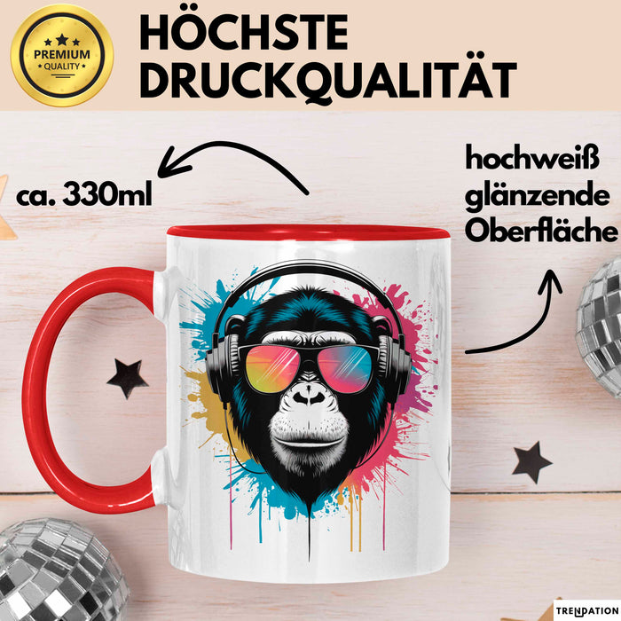 DJ Affe mit Sonnenbrille Tasse Becher Geschenk Lustige Geschenkidee Spruch Rot Trendation