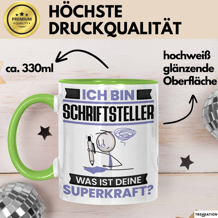 Schriftsteller Tasse Geschenk für Schriftsteller Geburtstag Lustiger Spruch Kaffee-Becher Was Ist Deine Superkraft Grün Trendation