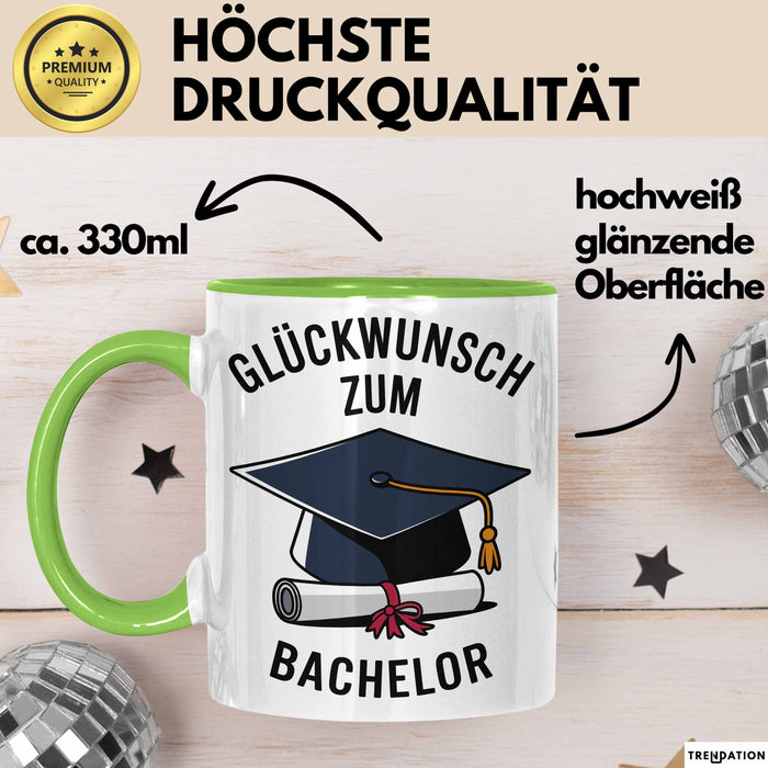 Schüler Abschluss Tasse Geschenk Lustige Geschenkidee Spruch Glückwunsch Zum Bachelor Grün Trendation
