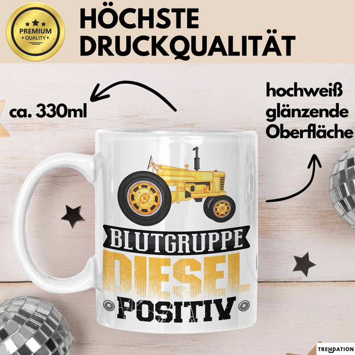 Auto Tasse Geschenk Blutgruppe Positiv Traktor Spruch Geschenkidee bagger Weiß Trendation
