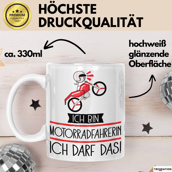 Geschenk für Motorradfahrerin Tasse Lustige Geschenkidee Geburtstag Ich Bin Motorradfahrerin Ich Darf Das Weiß Trendation
