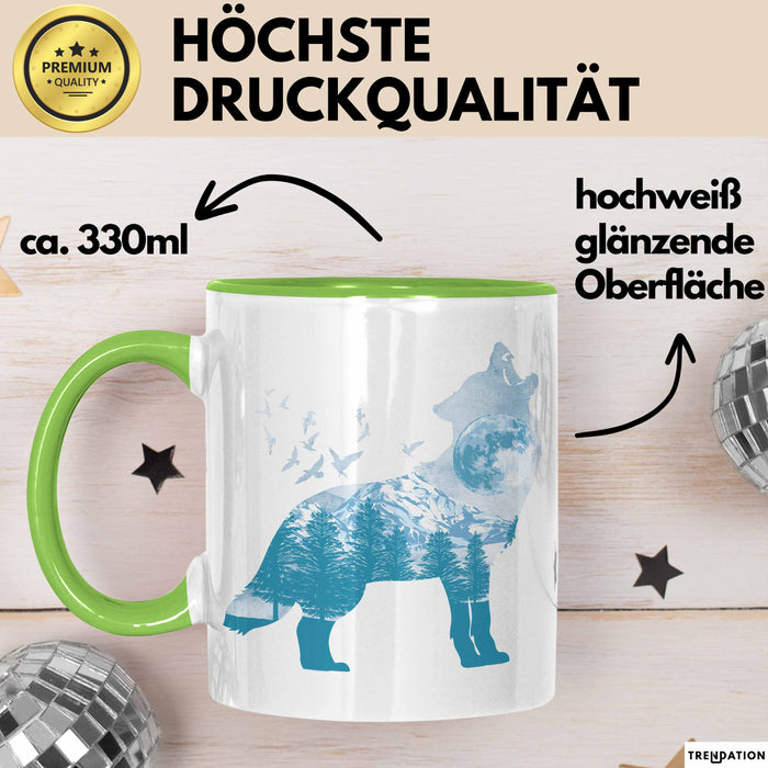 Wolf Tasse Geschenk Heulender Wolf Vögel Mond Silhouetten Geschenkidee Lustig Grün Trendation