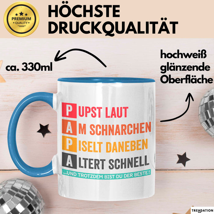 Papa Vatertag Tasse Geschenk Lustige Geschenkidee Spruch Pupst Laut Am Schnarchen Pisel Daneben Blau Trendation