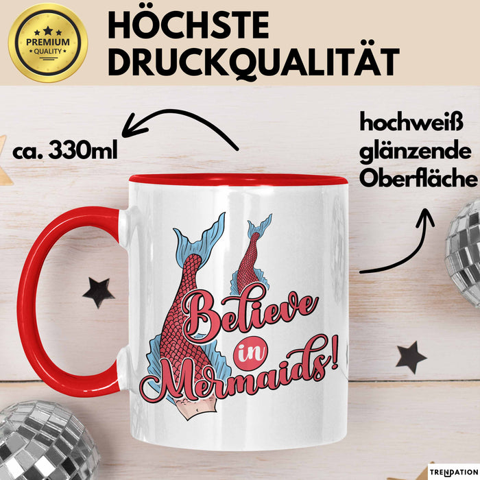 Meerjungfrau Geschenk Tasse für Mädchen Nymphe Nixe Becher Grafik Believe In Mermaids Rot Trendation