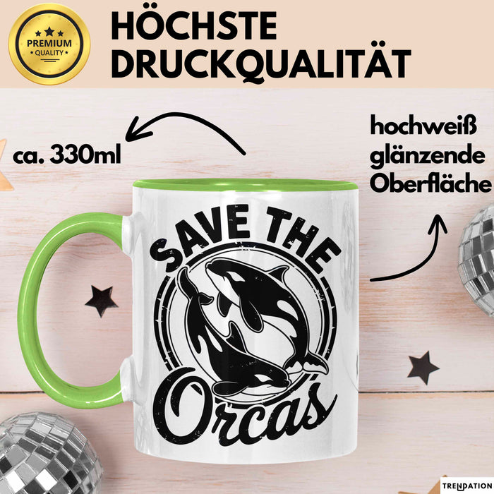 Wal Tier Tasse Geschenk Lustige Geschenkidee Spruch Rettet die Orcas Grün Trendation
