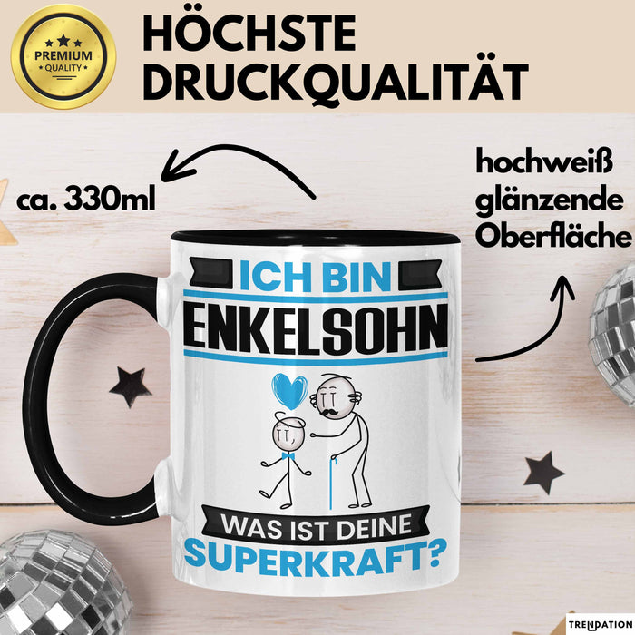 Enkelsohn Tasse Geschenk für Enkelsohn Geburtstag Lustiger Spruch Kaffee-Becher Was Ist Deine Superkraft Schwarz Trendation
