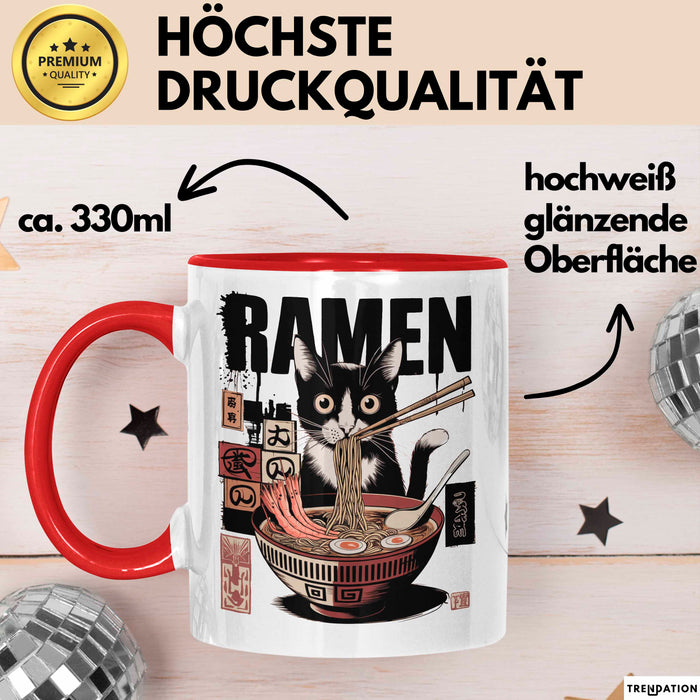 Katzen Tierliebhaber Tasse Geschenk Lustige Geschenkidee Spruch Katze Isst Ramen Nudeln Rot Trendation