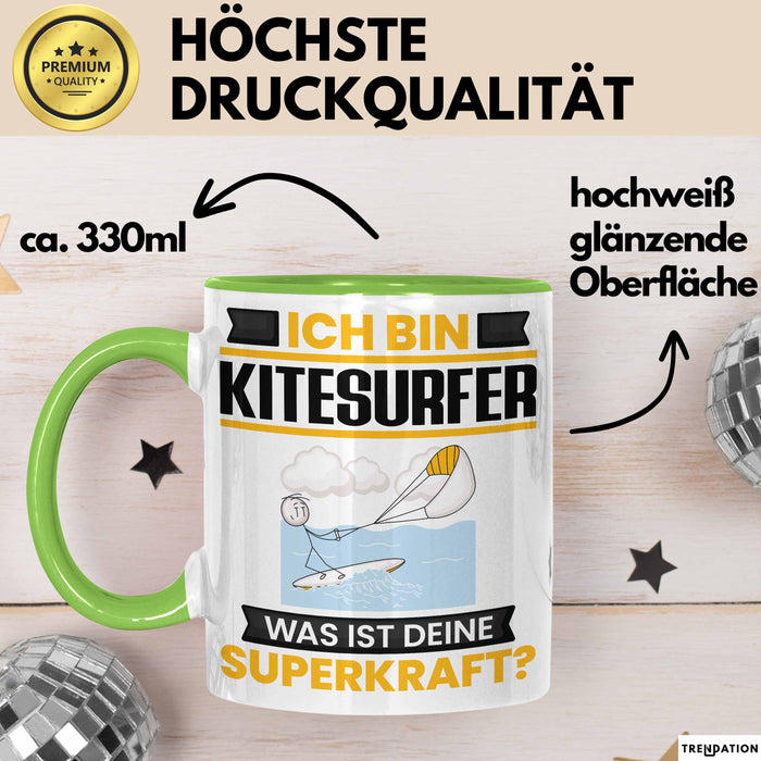 Kitesurfer Tasse Geschenk für Kitesurfer Geburtstag Lustiger Spruch Kaffee-Becher Was Ist Deine Superkraft Grün Trendation