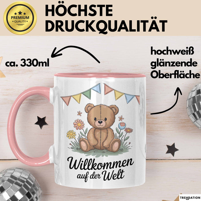 Baby Geburt Neue Eltern Tasse Geschenk Lustige Geschenkidee Spruch Willkommen Auf Der Welt Rosa Trendation