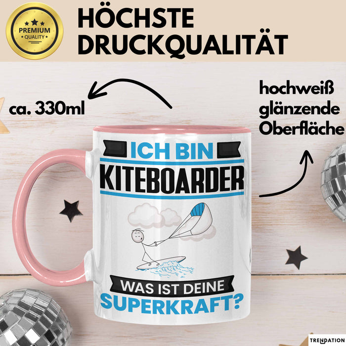 Kiteboarder Tasse Geschenk für Kiteboarder Geburtstag Lustiger Spruch Kaffee-Becher Was Ist Deine Superkraft Rosa Trendation