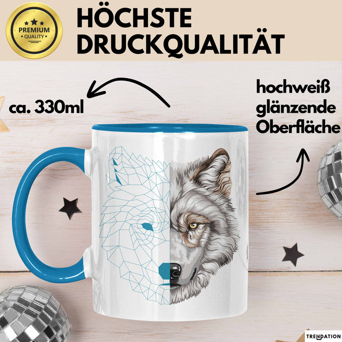 Wolf Tasse Geschenk Geometrisch Realistisch Geteilt Geschenkidee Blau Trendation