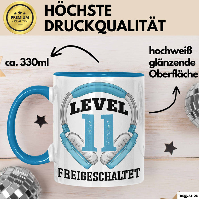 11. Geburtstag Gamer Tasse Geschenk Level 11 Freigeschaltet Blau Trendation