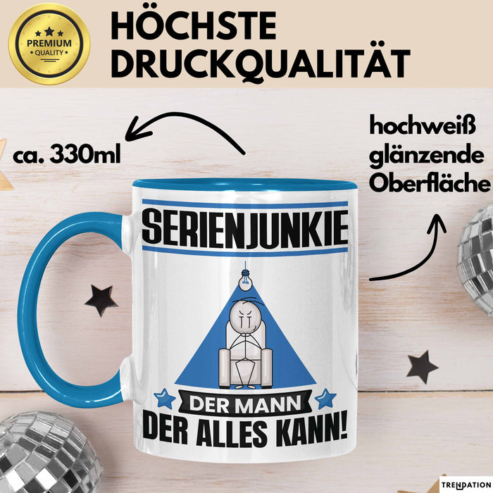 Serienjunkie Tasse Geschenk für Serienjunkie Der Mann Der Alles Kann Geschenkidee zum Geburtstag Blau Trendation