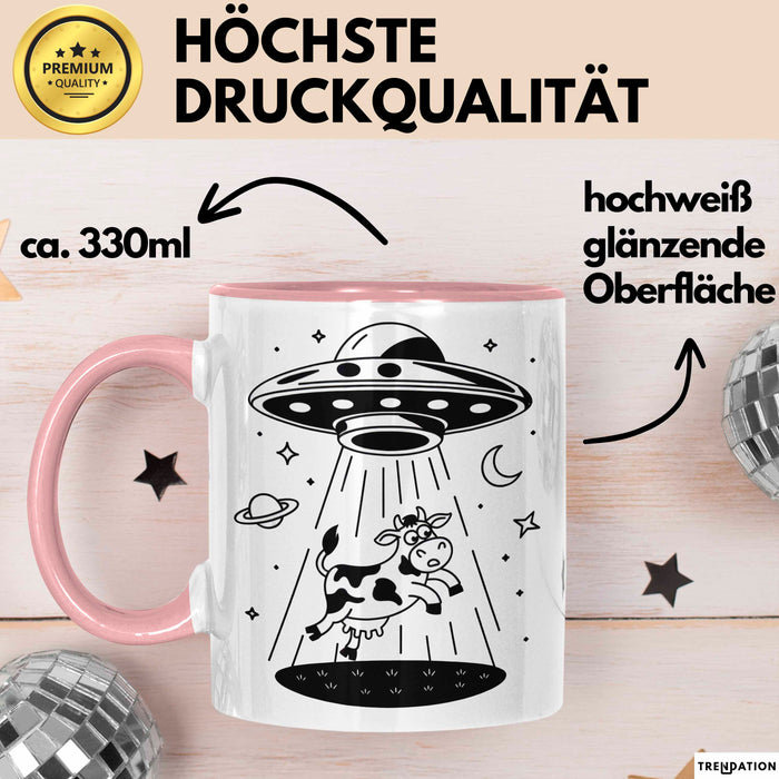 Sci-Fi Nerd Tasse Geschenkidee UFO entführt Kuh Weltraum Fan Geschenkidee Lustig Rosa Trendation