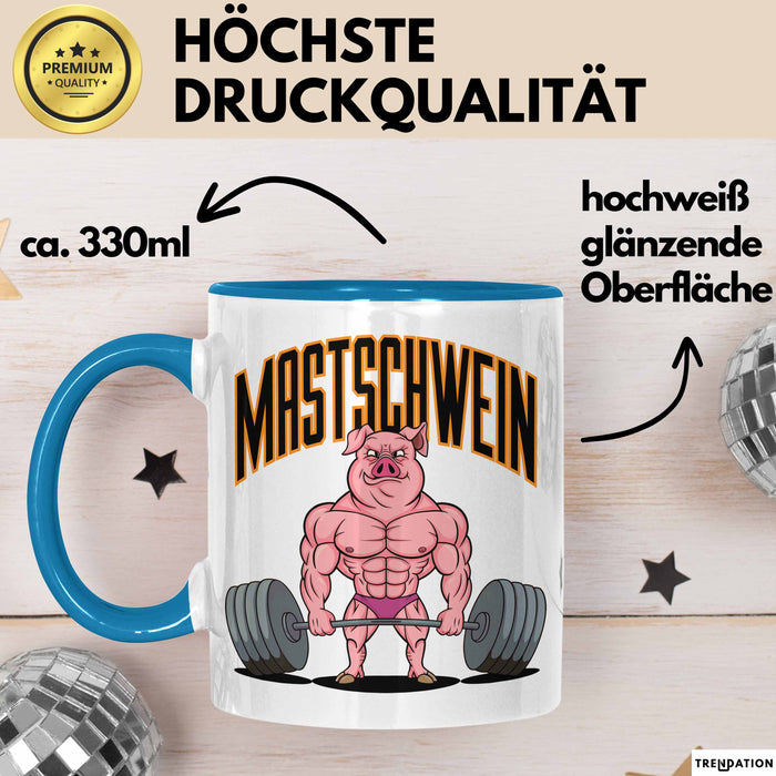 Schweinebauer Schweine Tier Gewichtheben Tasse Geschenk Lustige Geschenkidee Spruch Mastschwein Blau Trendation