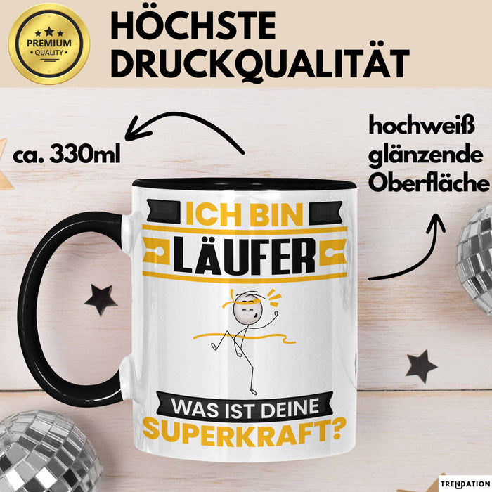 Läufer Tasse Geschenk für Läufer Geburtstag Lustiger Spruch Kaffee-Becher Was Ist Deine Superkraft Schwarz Trendation