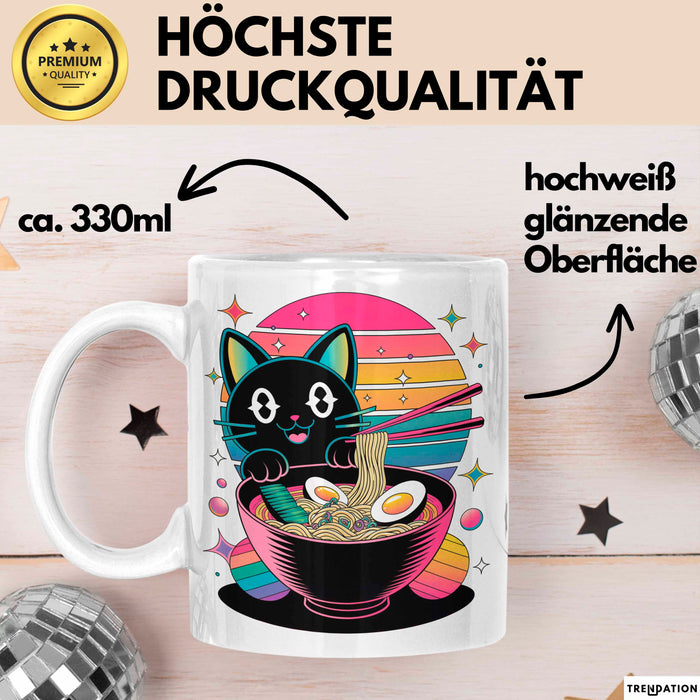 Katzen Tierliebhaber Tasse Geschenk Lustige Geschenkidee Spruch Katze Isst Ramen Nudeln Weiß Trendation