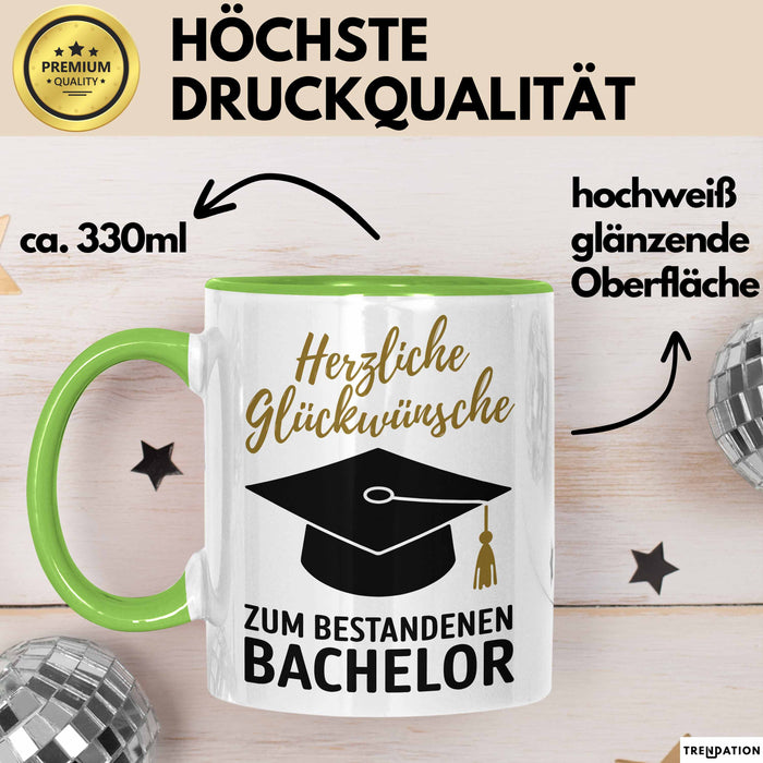 Schüler Abschluss Tasse Geschenk Lustige Geschenkidee Spruch Herzliche Glückwünsche Zum Bestandenen Bachelor Grün Trendation