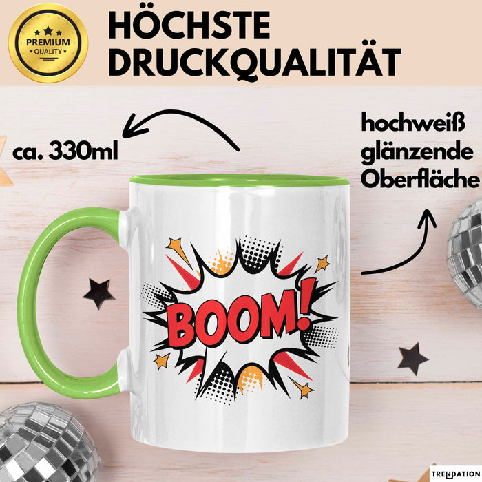Comic Fan Tasse Boom Geschenkidee Nerds mit lustigem Spruch Grün Trendation