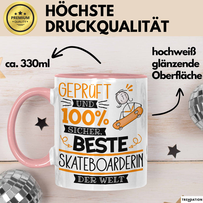 Beste Skateboarderin Der Welt Tasse Geschenk für Eine Skateboarderin Geprüft Und Sicher Geschenkidee Geburtstag Weihnachten Rosa Trendation