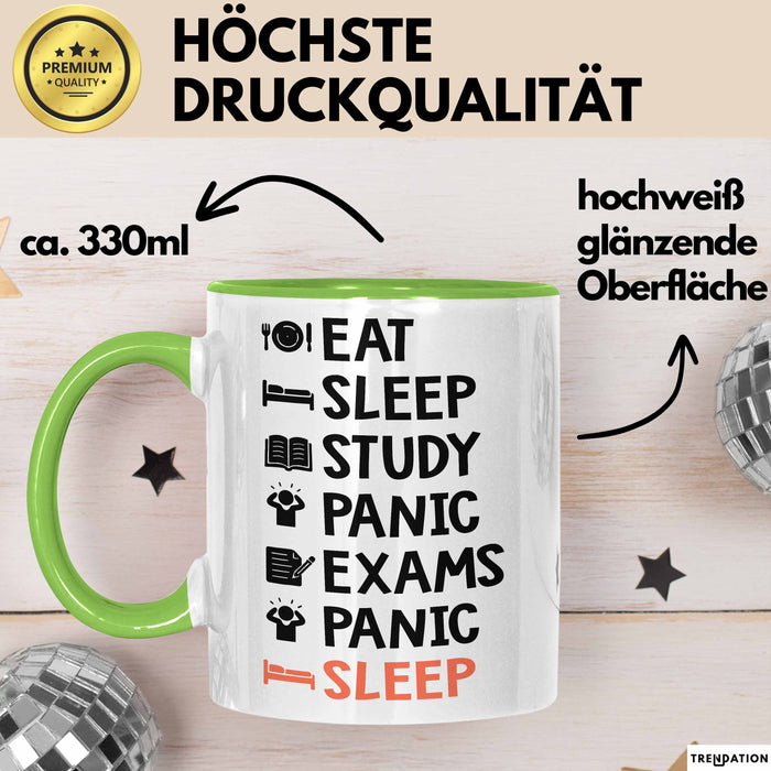 Medizinstudent Arzt Tasse Geschenk Lustige Geschenkidee Spruch Essen Schlafen Lernen Panik Prüfungen Panik Schlafen Grün Trendation