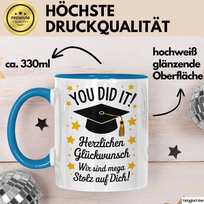 Schüler Abschluss Tasse Geschenk Lustige Geschenkidee Spruch Herzlichen Glückwünsche Blau Trendation