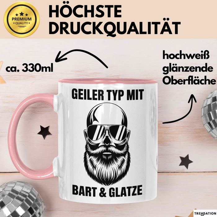 Glatzköpfige Männer Tasse Geschenk Lustige Geschenkidee Geiler Typ Mit Bart Und Glatze Rosa Trendation