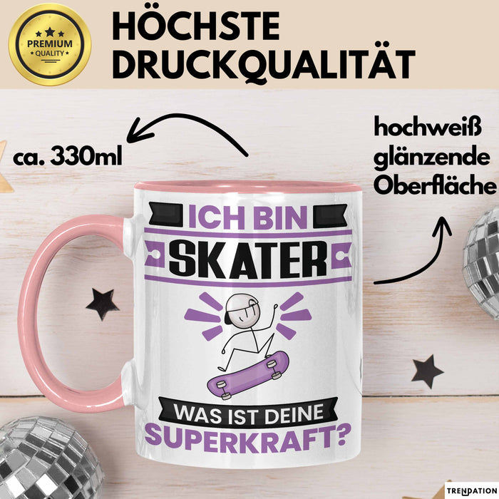 Skater Tasse Geschenk für Skater Geburtstag Lustiger Spruch Kaffee-Becher Was Ist Deine Superkraft Rosa Trendation
