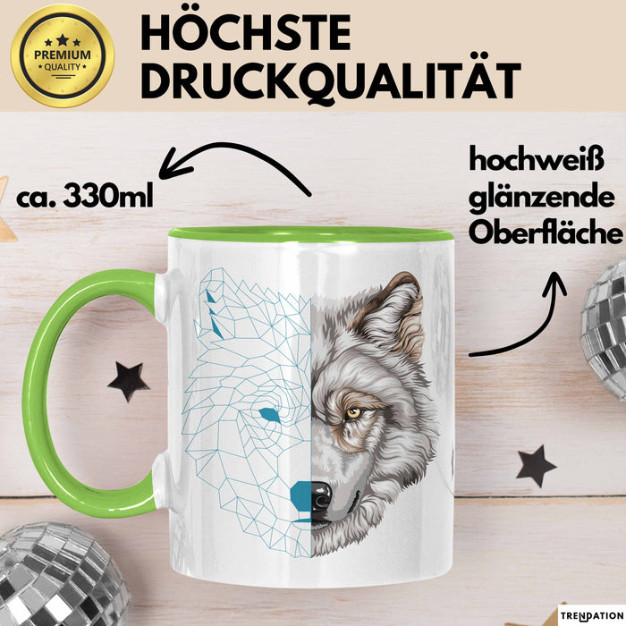 Wolf Tasse Geschenk Geometrisch Realistisch Geteilt Geschenkidee Grün Trendation