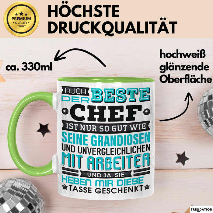 Chef Tasse Geschenk Von Mitarbeitern Lustiger Spruch Auch Der Beste Chef Ist Nur So Gut Wie Mitarbeiter Becher Grün Trendation