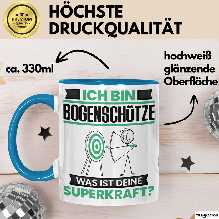 Bogenschütze Tasse Geschenk für Bogenschütze Geburtstag Lustiger Spruch Kaffee-Becher Was Ist Deine Superkraft Blau Trendation