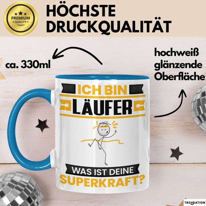 Läufer Tasse Geschenk für Läufer Geburtstag Lustiger Spruch Kaffee-Becher Was Ist Deine Superkraft Blau Trendation
