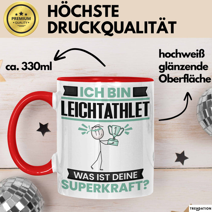 Leichtathlet Tasse Geschenk für Leichtathlet Geburtstag Lustiger Spruch Kaffee-Becher Was Ist Deine Superkraft Rot Trendation